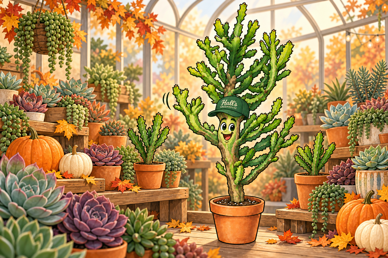 Cactus Jack wearing his forest-green Hall’s Greenhouse ball cap, smiling among colorful succulent pots, pumpkins and autumn leaves on greenhouse benches