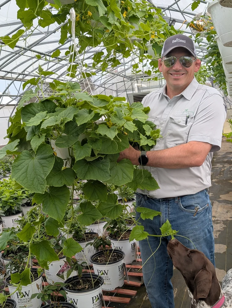 Jerry tending a lush hanging basket in his Hall’s Greenhouse shirt, with a dog beside him