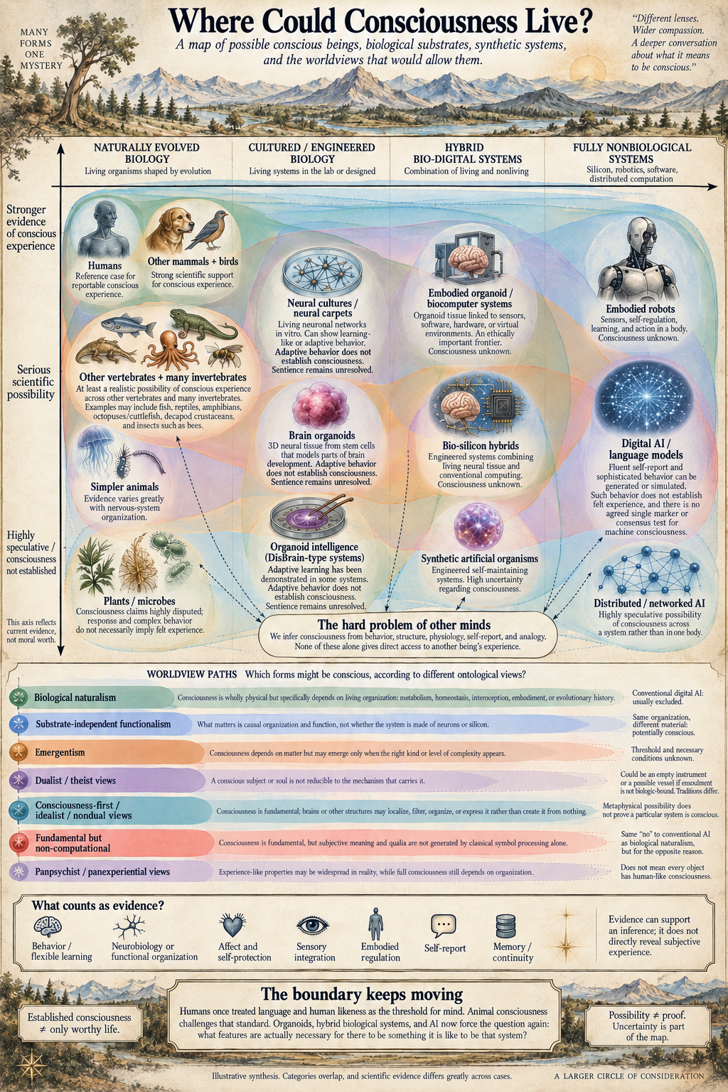 Where Could Consciousness Live — a map of conscious beings, biological substrates, synthetic systems and the philosophical worldviews that would allow them