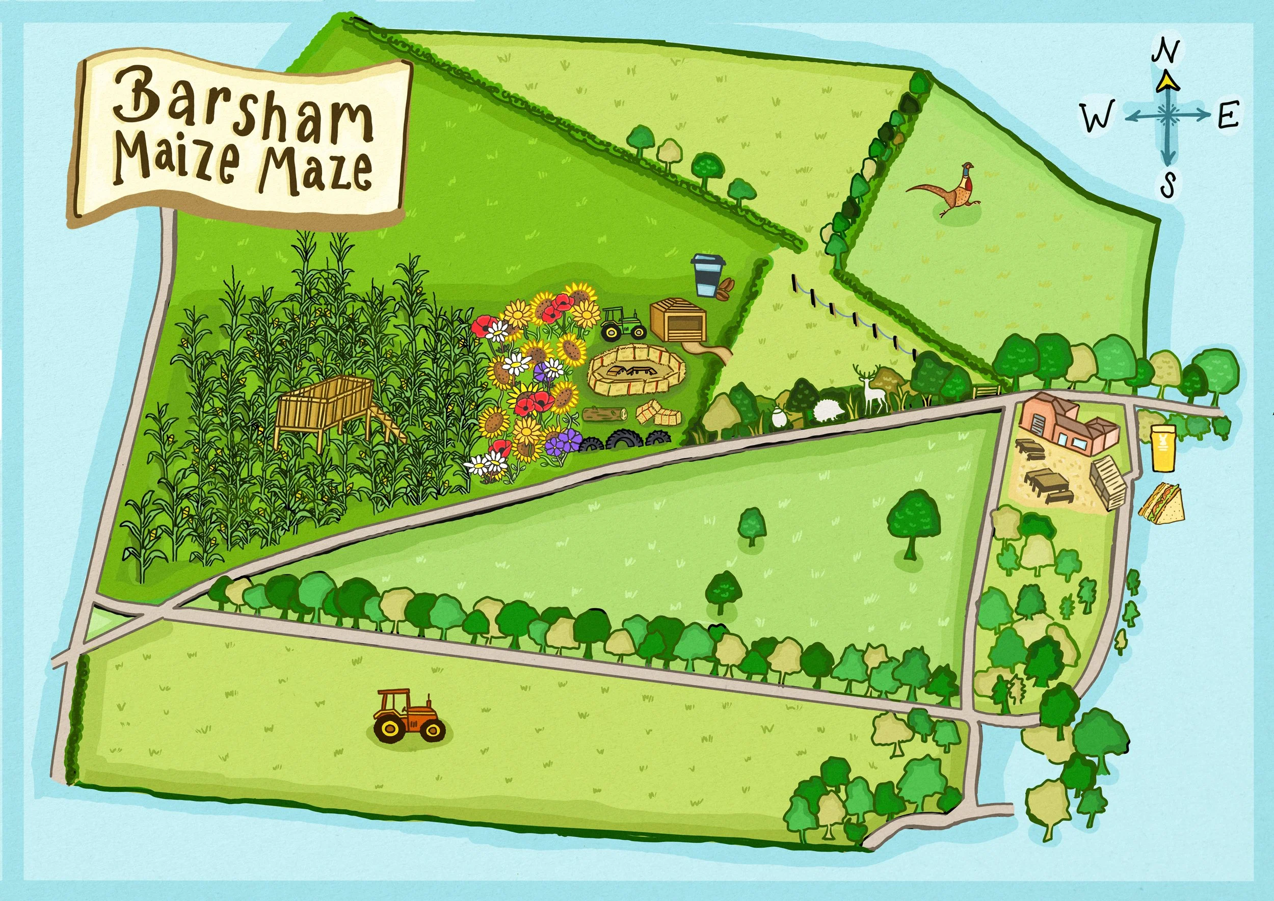 Interactive map showing North Norfolk's newest Maize Maze, Barsham Maize Maze, with wildflowers, chidlren's play area, tractor racetrack, nature trail, seasonal café and The Taproom at Barsham Brewery