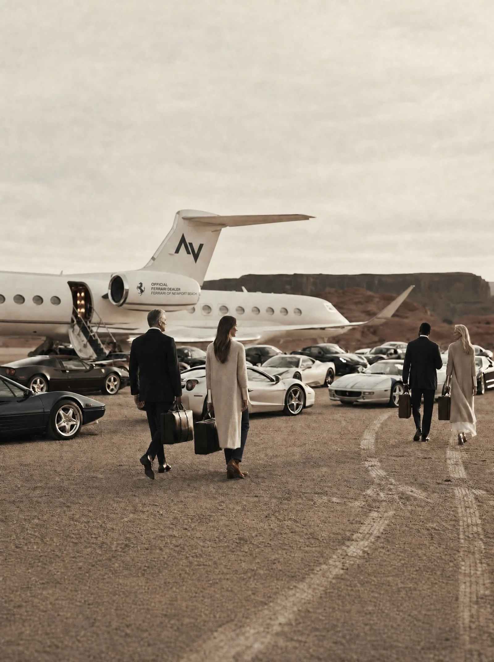 Guests walking from a private jet toward a line of Ferraris on the tarmac