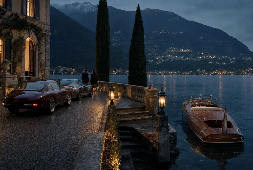 A villa terrace on Lake Como at blue hour with cars on the lakeside drive