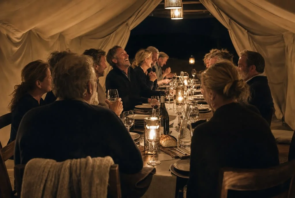 An intimate dinner for ten inside a canvas tent at night by lantern light