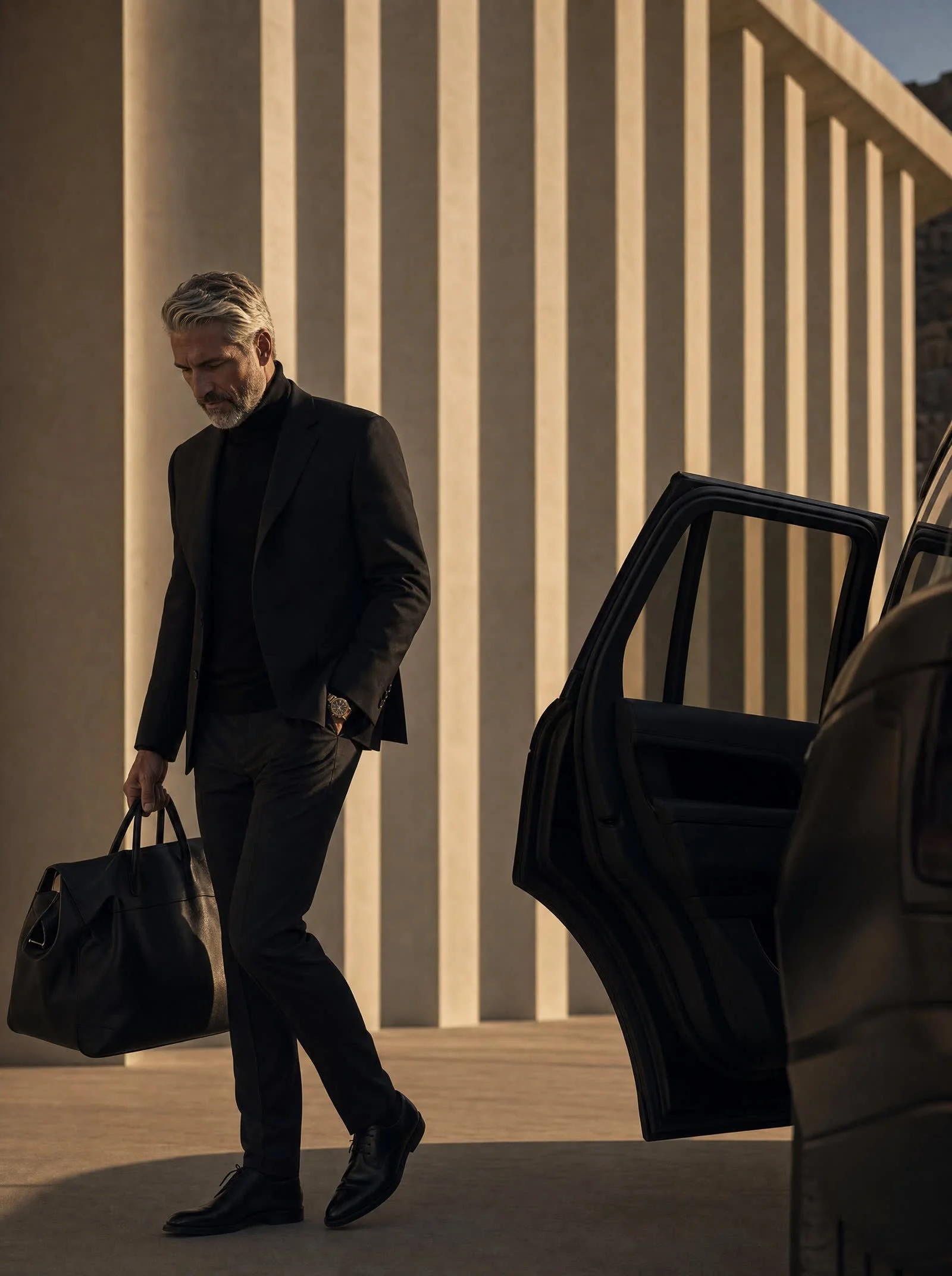 A man in a dark coat stepping from a car with a leather weekend bag