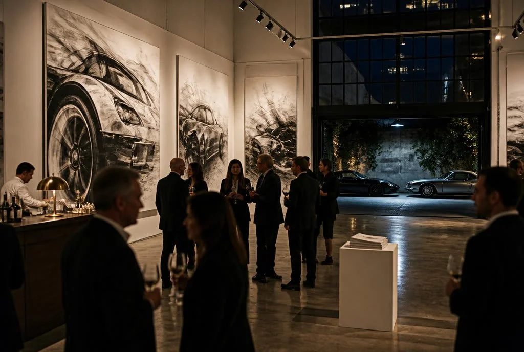 An evening art opening in a loft gallery with cars in the courtyard beyond the door