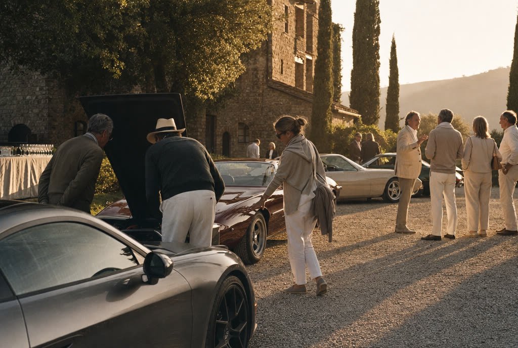 Guests at golden hour walking among parked sports cars on a villa gravel court