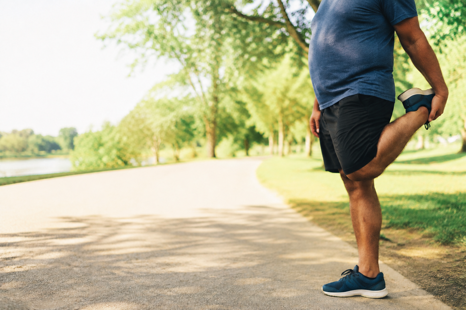 Man stretching outdoors as part of an online mobility and recovery program