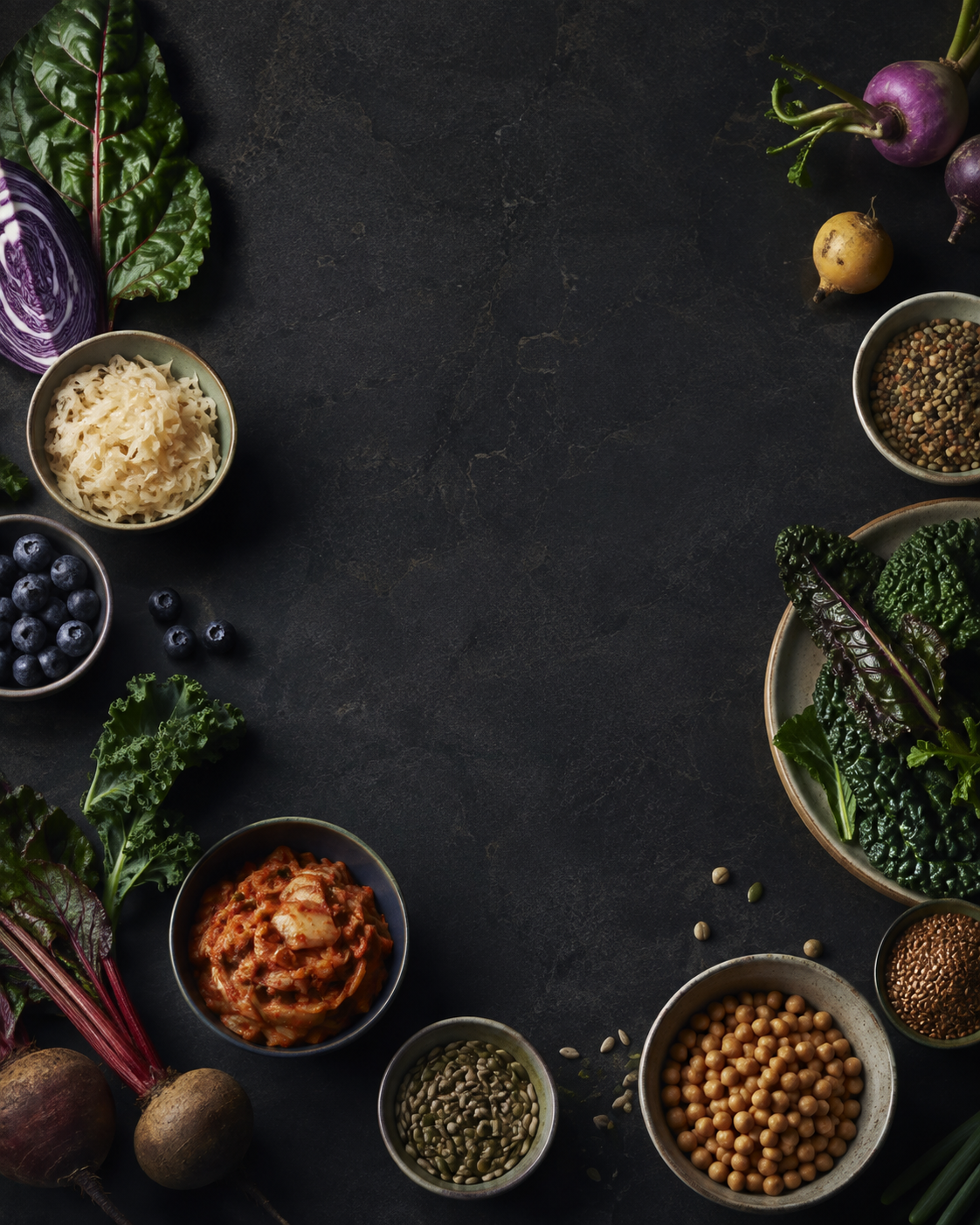 Whole foods arranged in bowls to represent microbiome and gut health