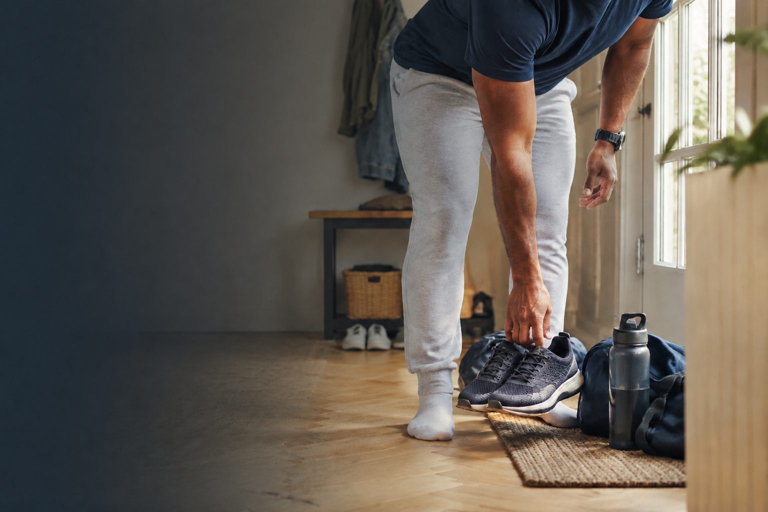 Man preparing his shoes and gym bag as part of a consistent health routine
