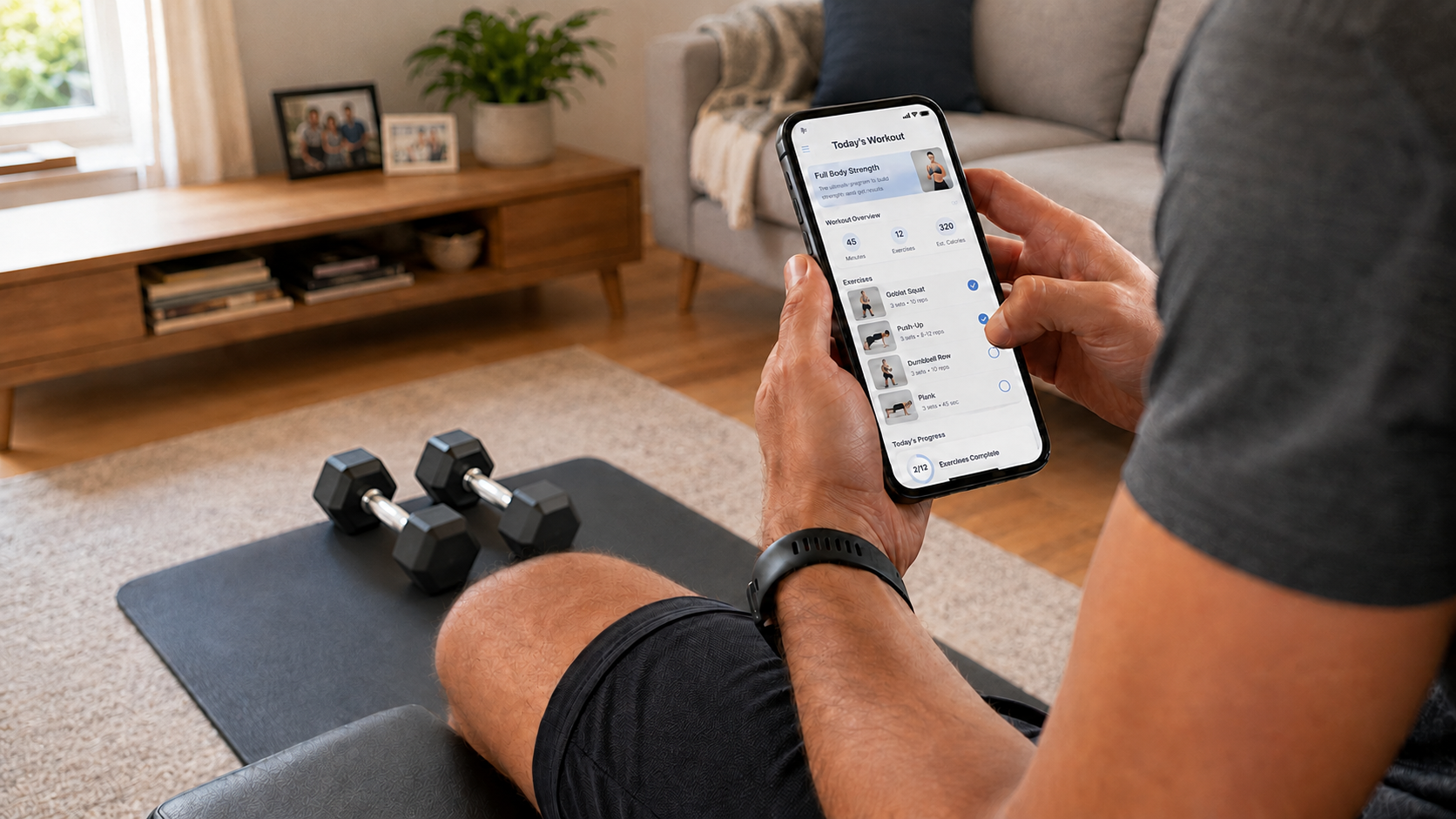 Man reviewing his personalized online workout plan at home