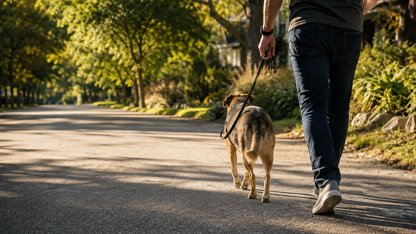Man walking his dog through a sunny neighbourhood as part of an active and sustainable lifestyle