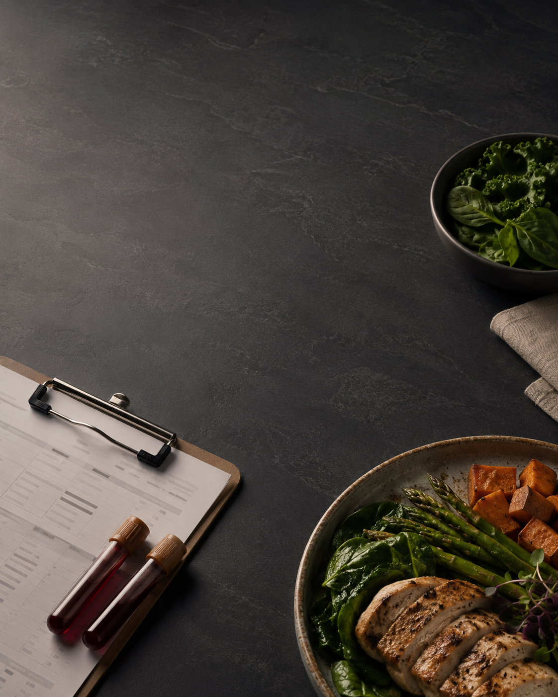 Balanced meal with grilled chicken and vegetables beside a personalized nutrition plan