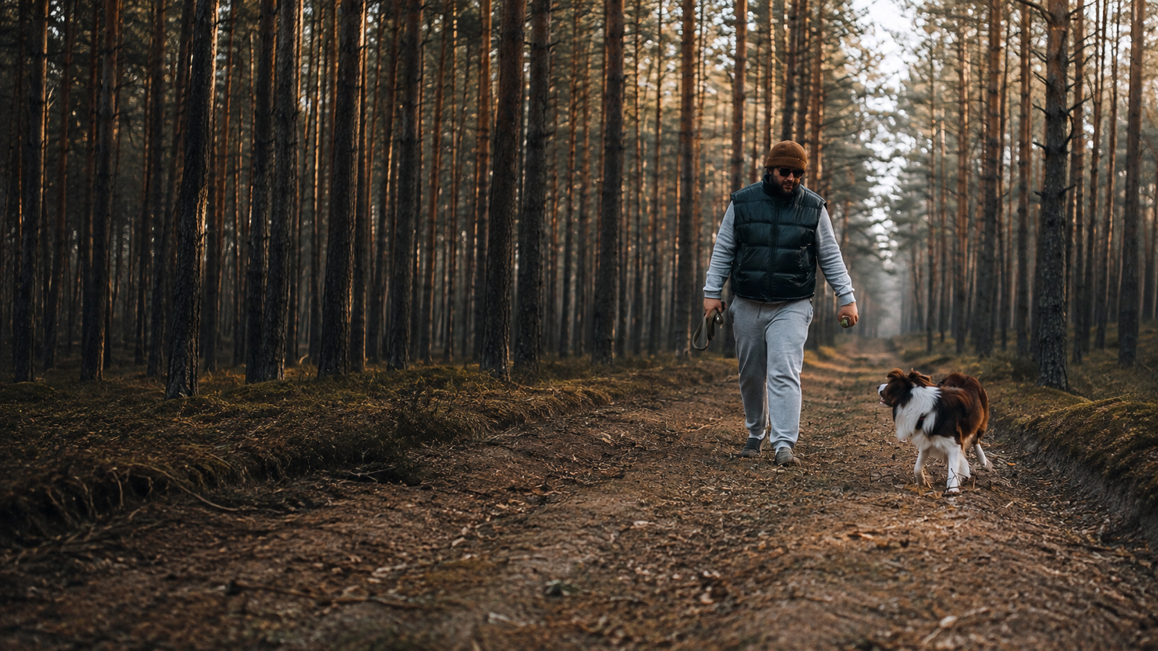 Man walking his dog through the forest as part of an active and sustainable lifestyle