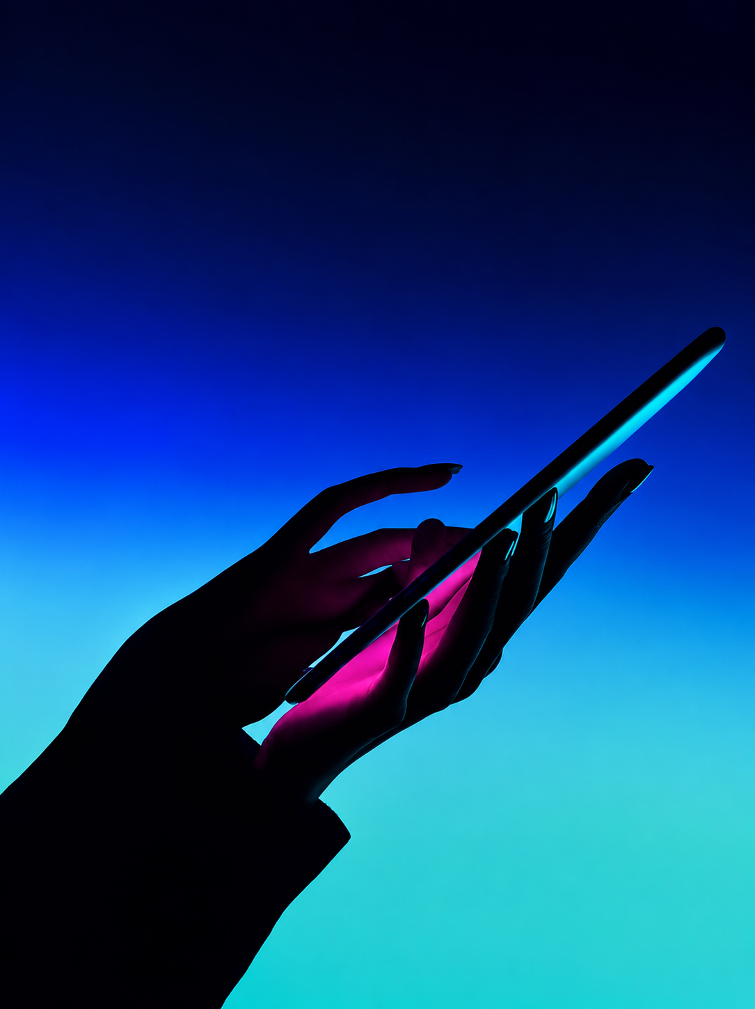 A hand holding a digital device against vivid blue and cyan lighting