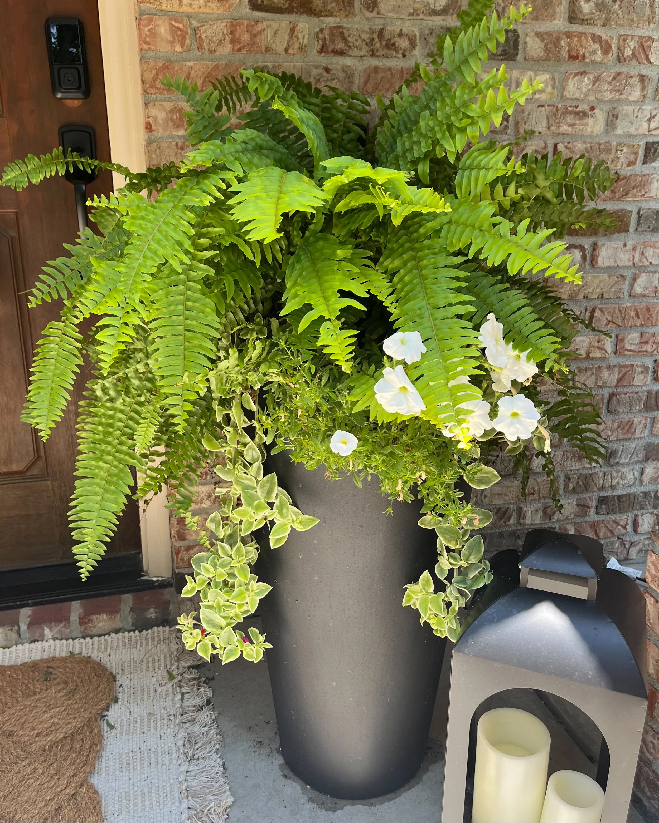 Seasonal container garden styled at a residential entrance