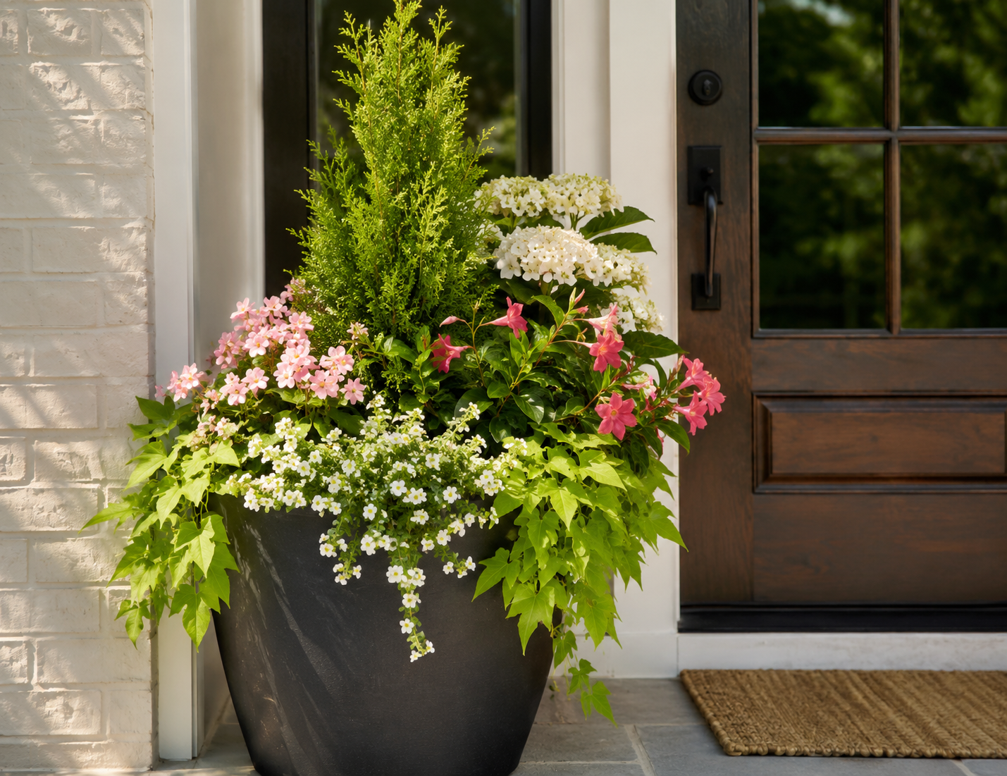 Summer seasonal planter designed and installed by Curated Entry Co.
