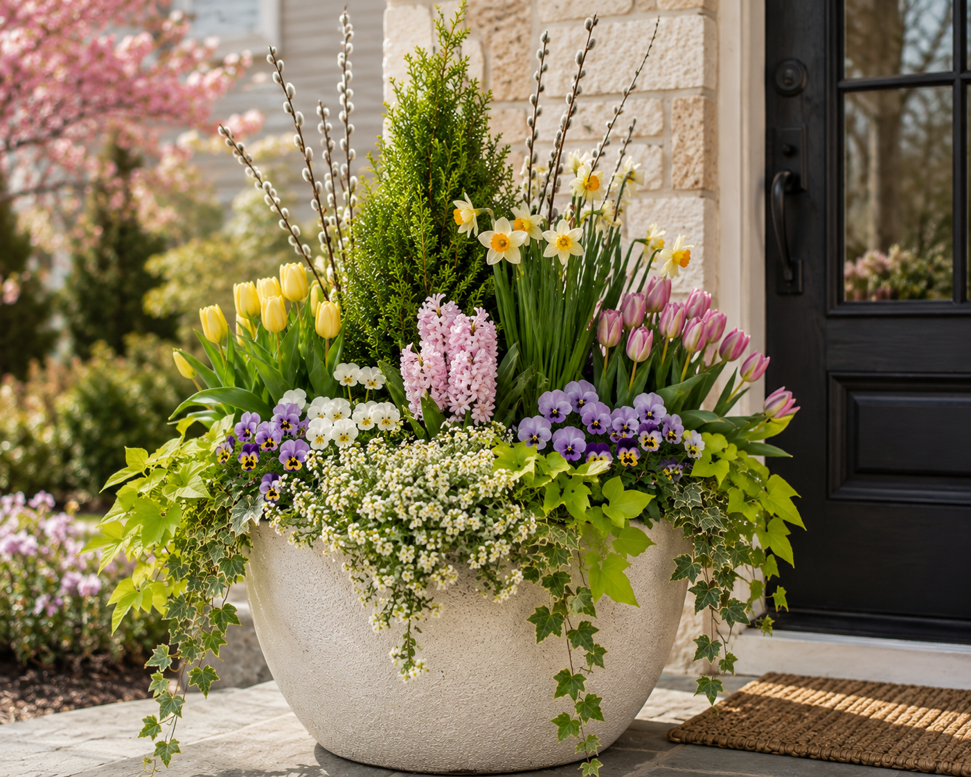 Spring seasonal planter designed and installed by Curated Entry Co.