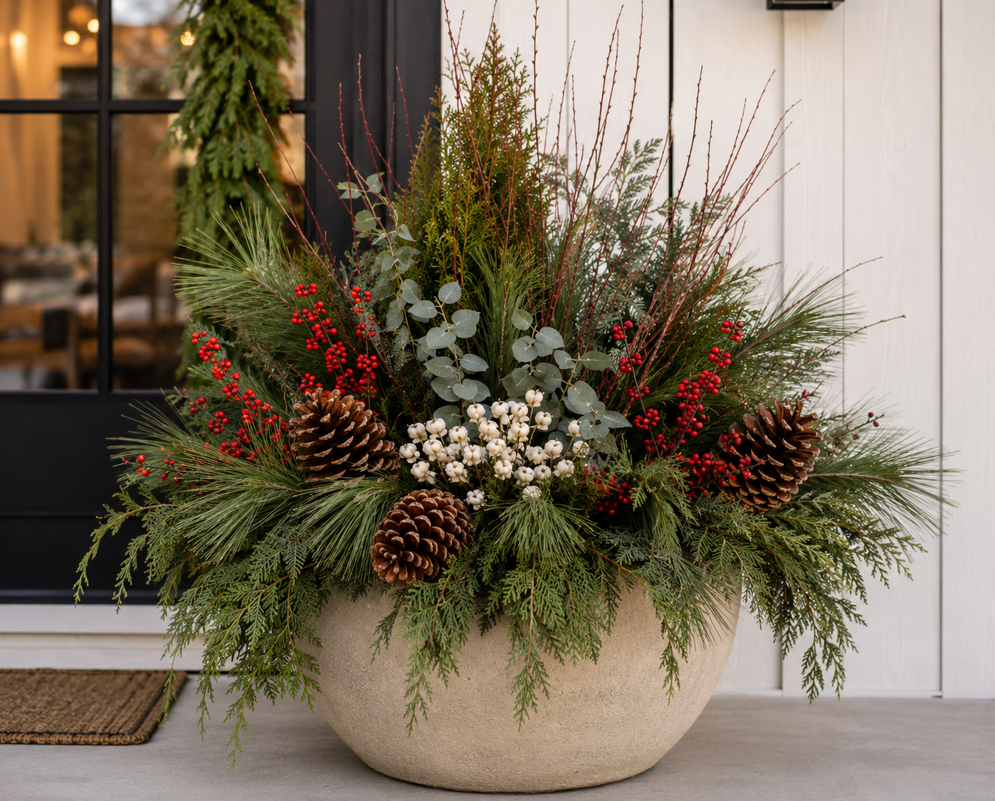 Winter seasonal planter designed and installed by Curated Entry Co.
