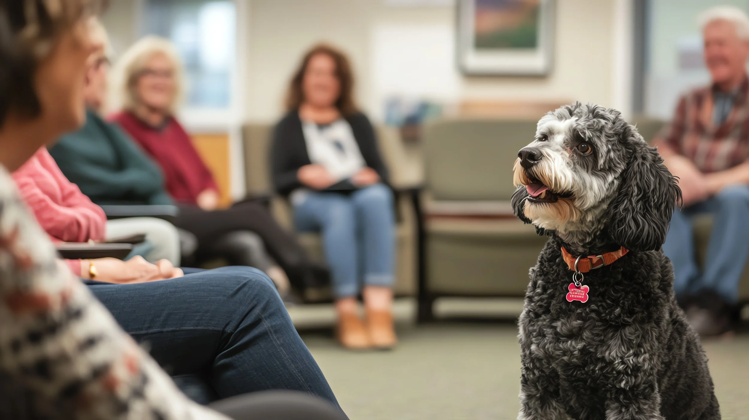 Therapy dog visiting people in a group setting