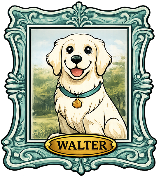 Illustration of Walter the therapy dog in a teal frame
