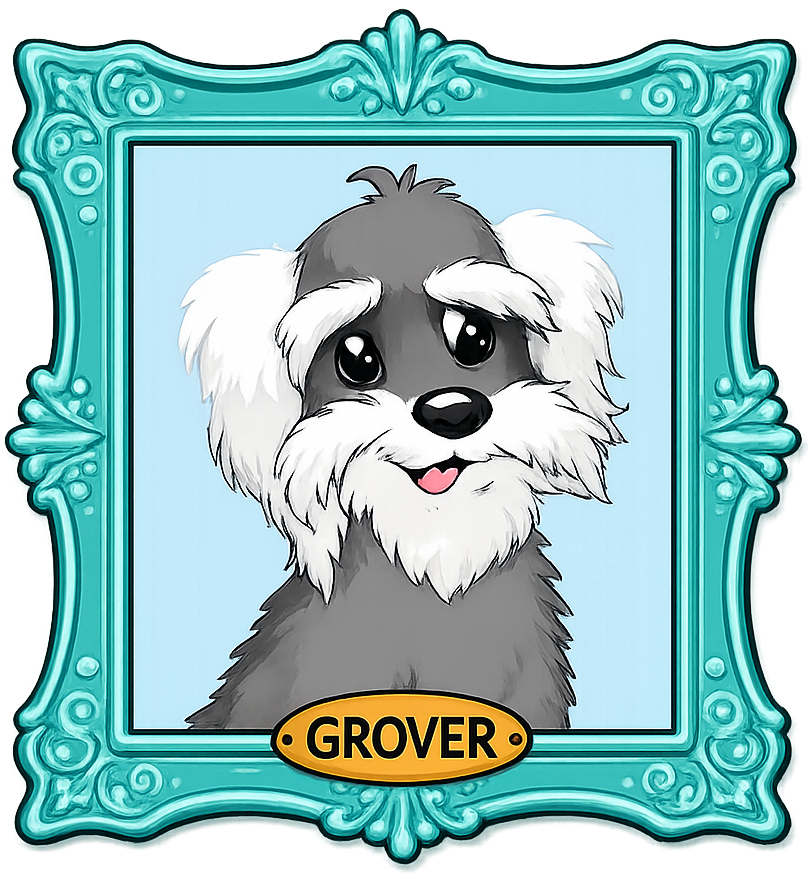 Illustration of Grover in a teal frame