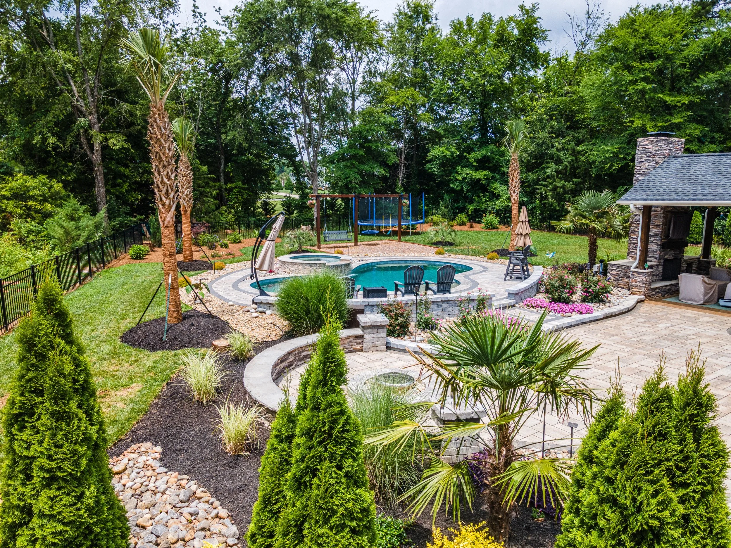 Finished residential landscape with pool, palm trees, and completed planting