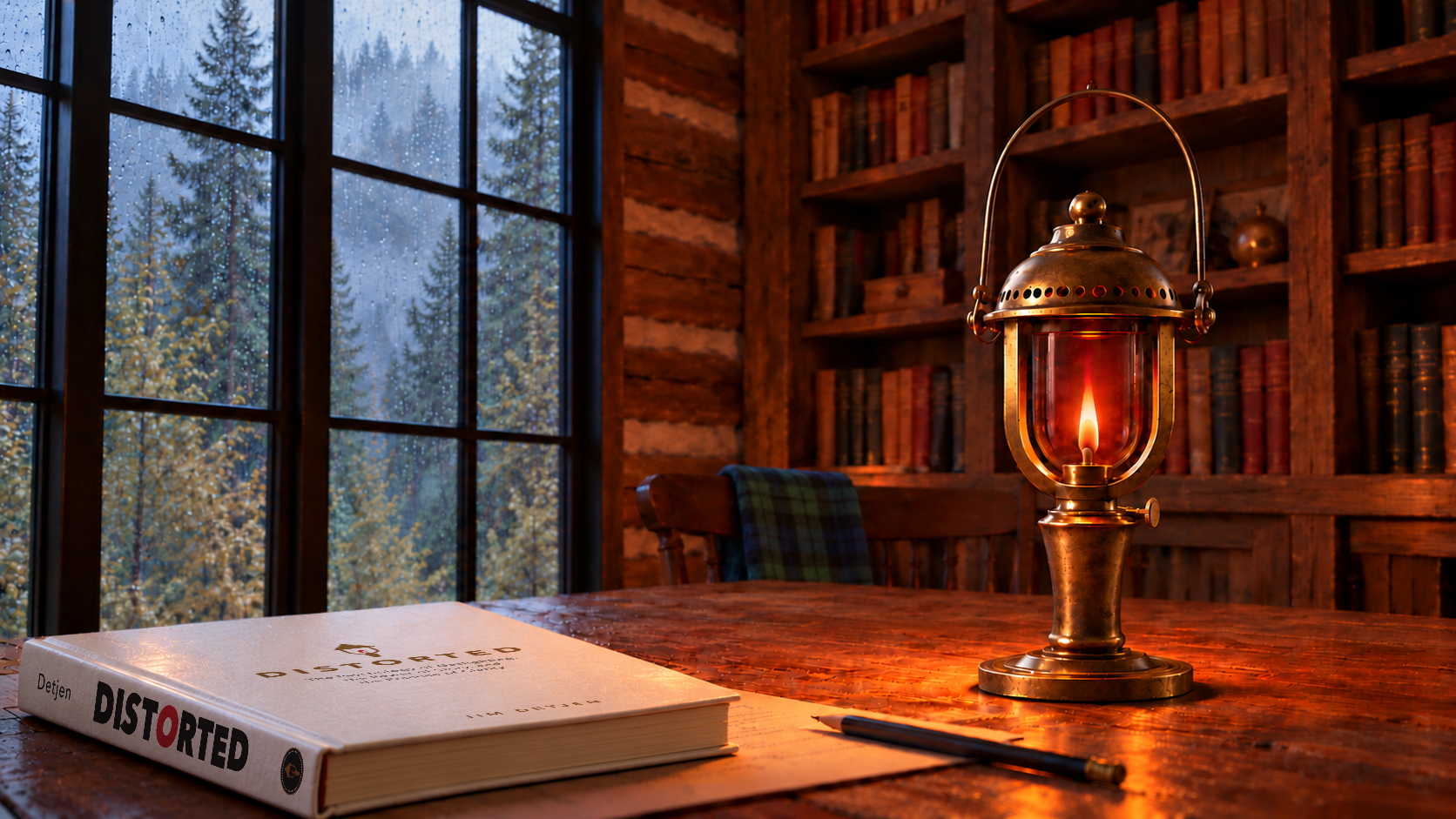 Illustration of a lit brass lantern beside a closed copy of Distorted in a cabin library, with rain on the window.