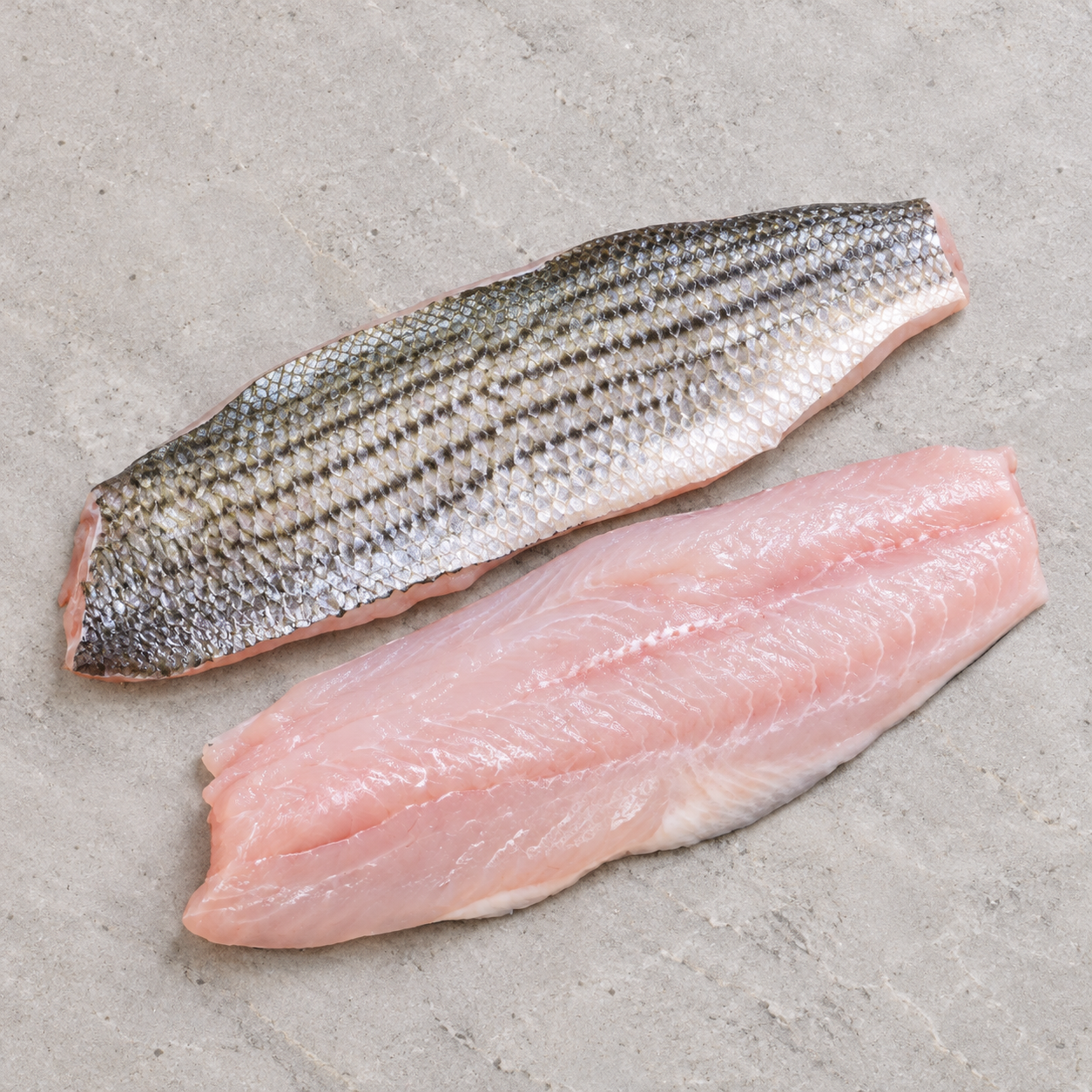 Illustrative Wild striped bass fillets or portions