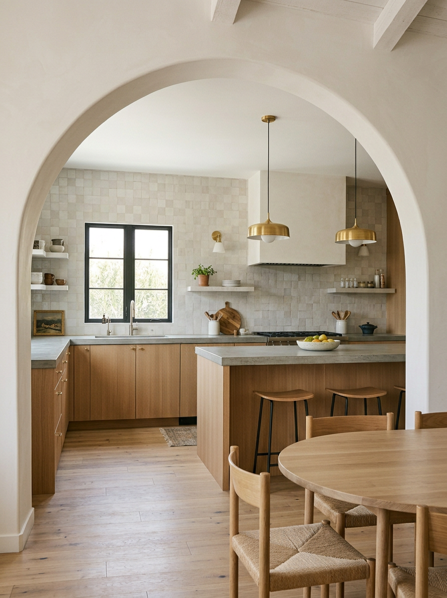 Kitchen with grand arched doorway and exposed wooden beams