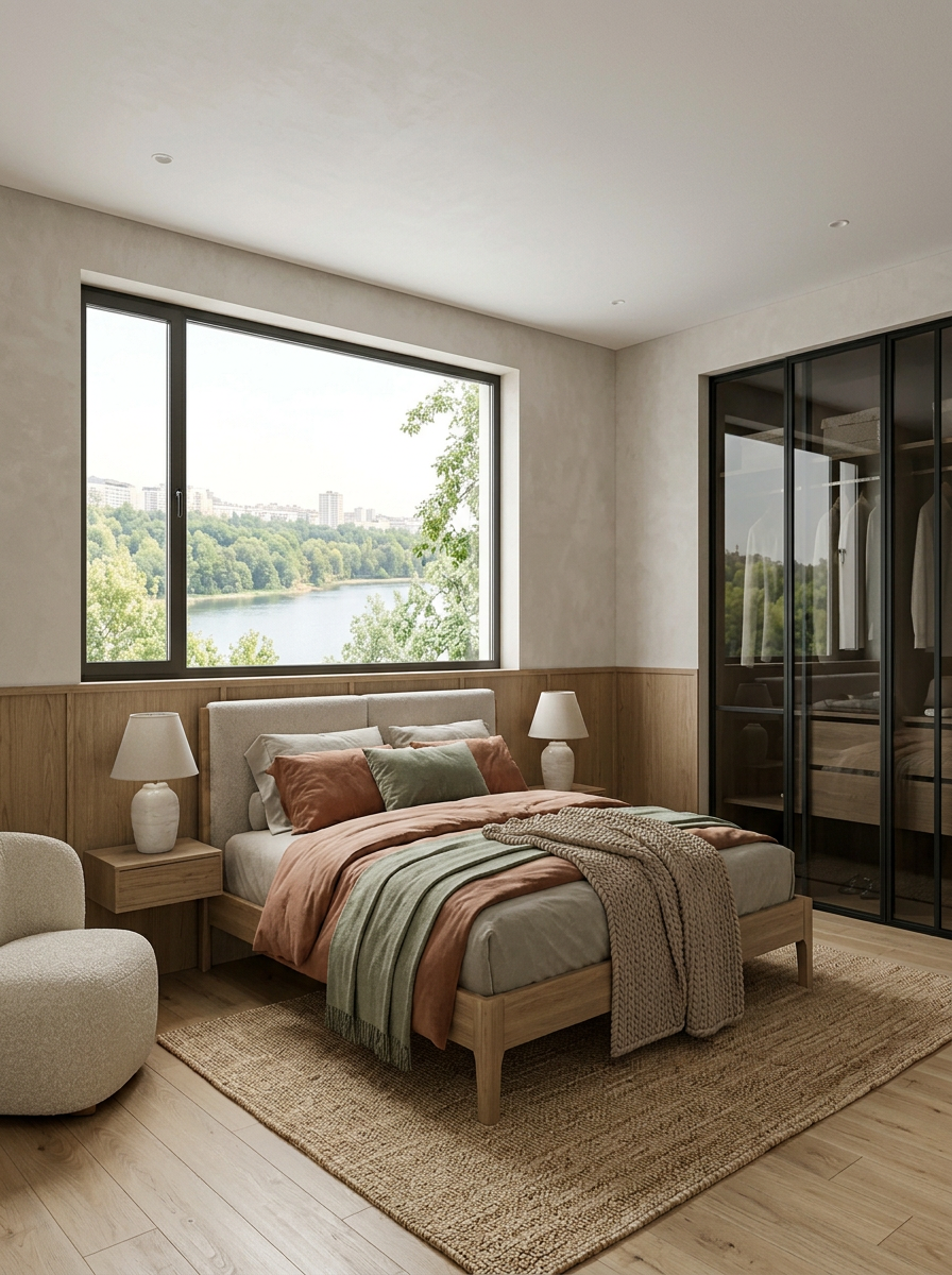 Master bedroom with warm wood flooring