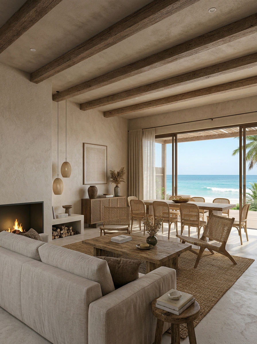 Organic modern interior with sculptural forms and natural plaster