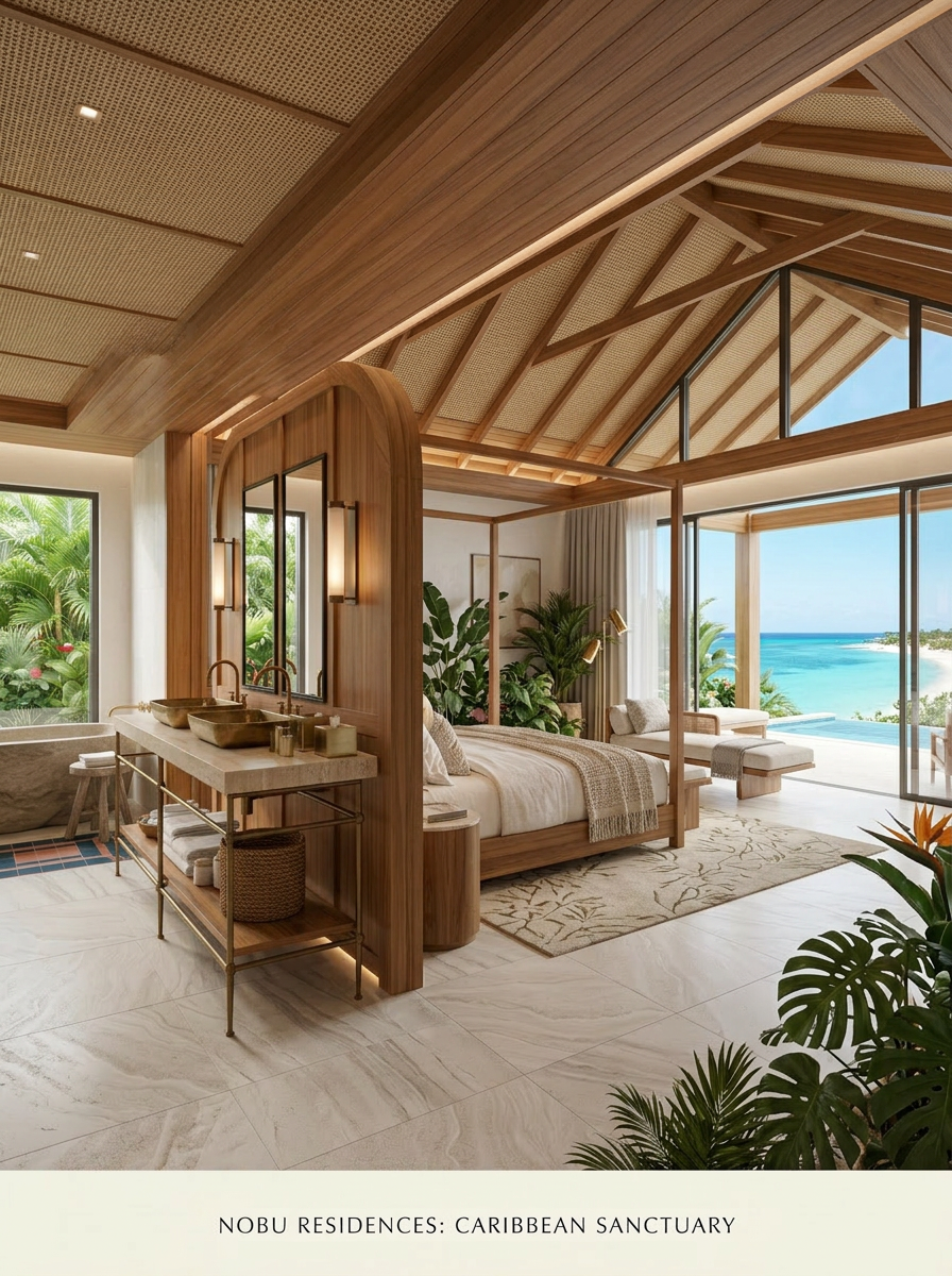 Villa bedroom with ocean view through panoramic glass doors