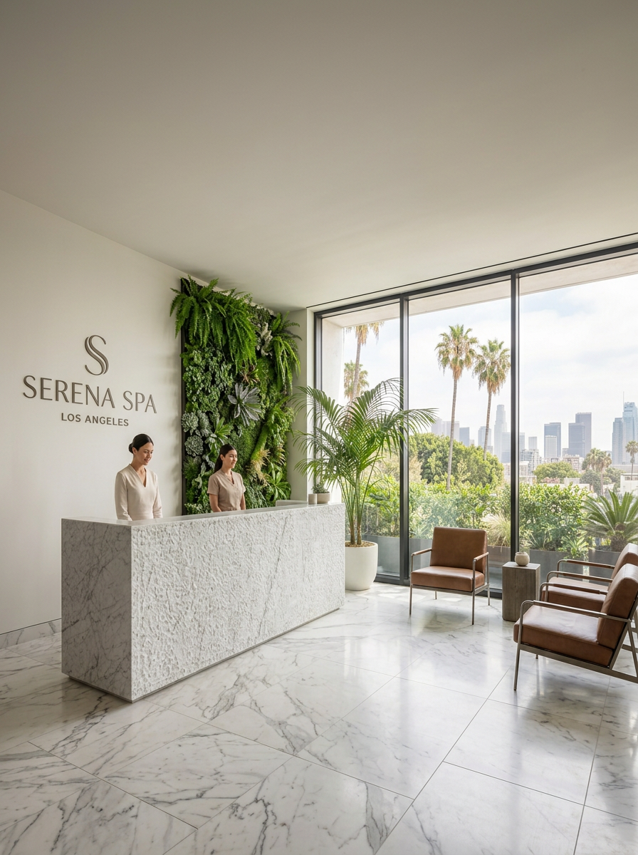 Spa reception with raw-textured marble counter and a towering living green wall