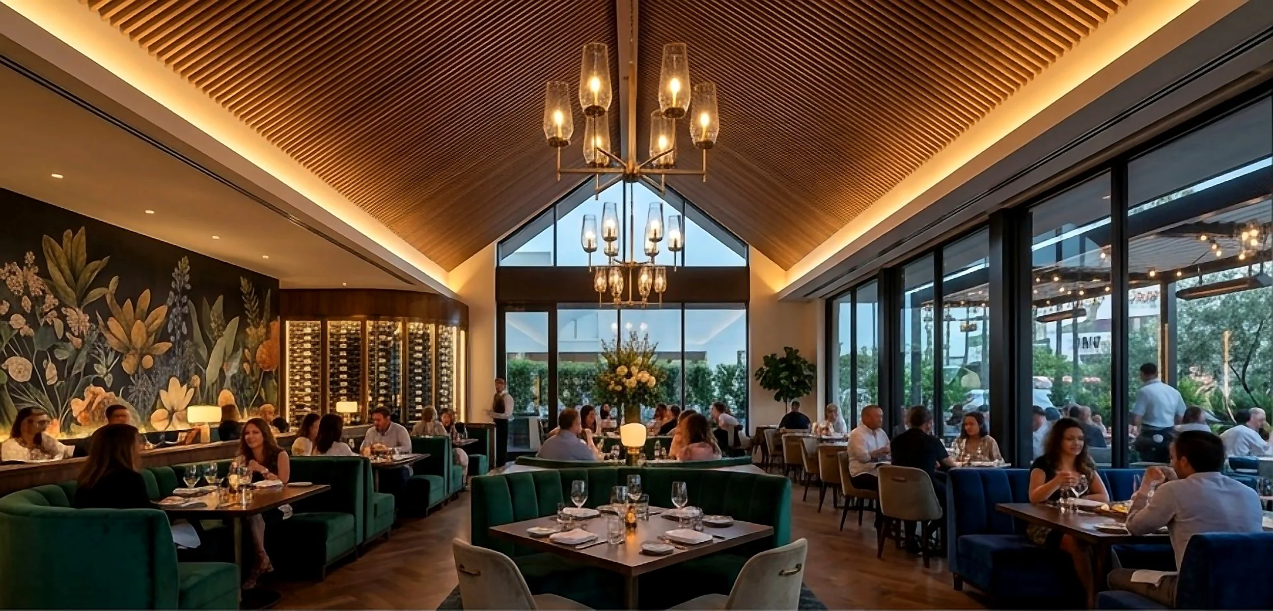 Vaulted slatted-wood ceiling above emerald and navy velvet banquettes in the Aurora dining room