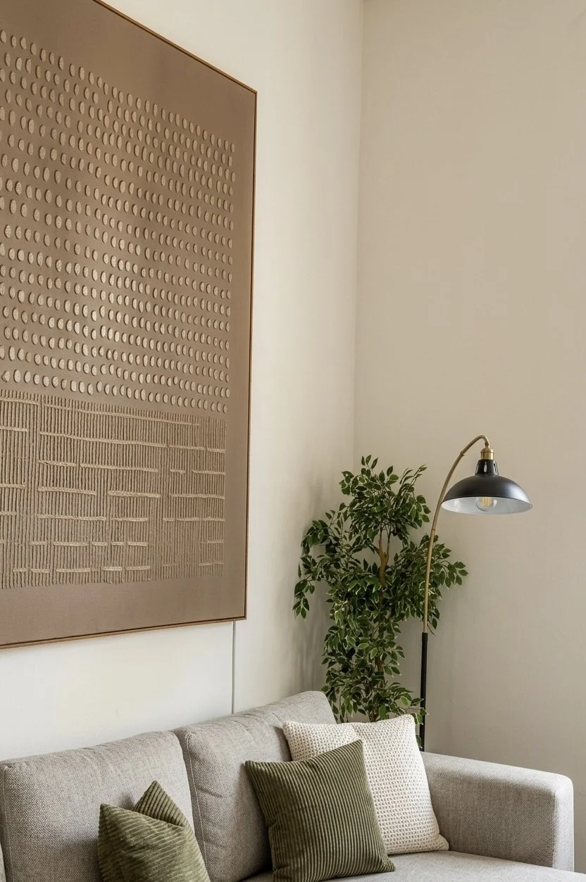 Plush neutral sofa layered with olive and patterned ochre pillows