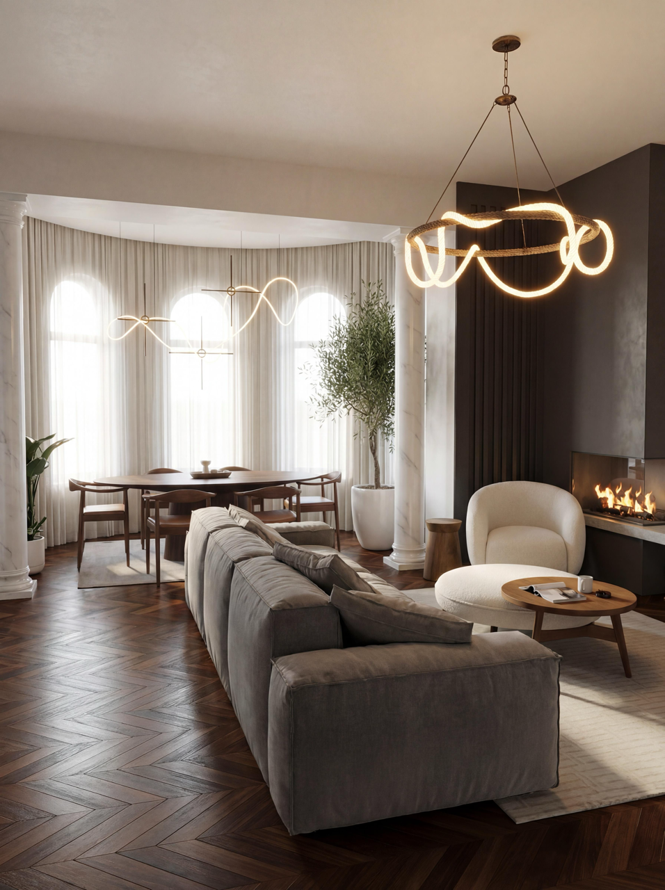 Open-concept living room and kitchen with cognac oak herringbone flooring