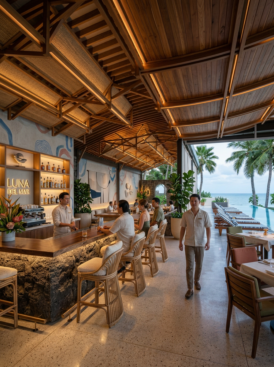 Luna del Mar restaurant and bar with modern tropical interior design