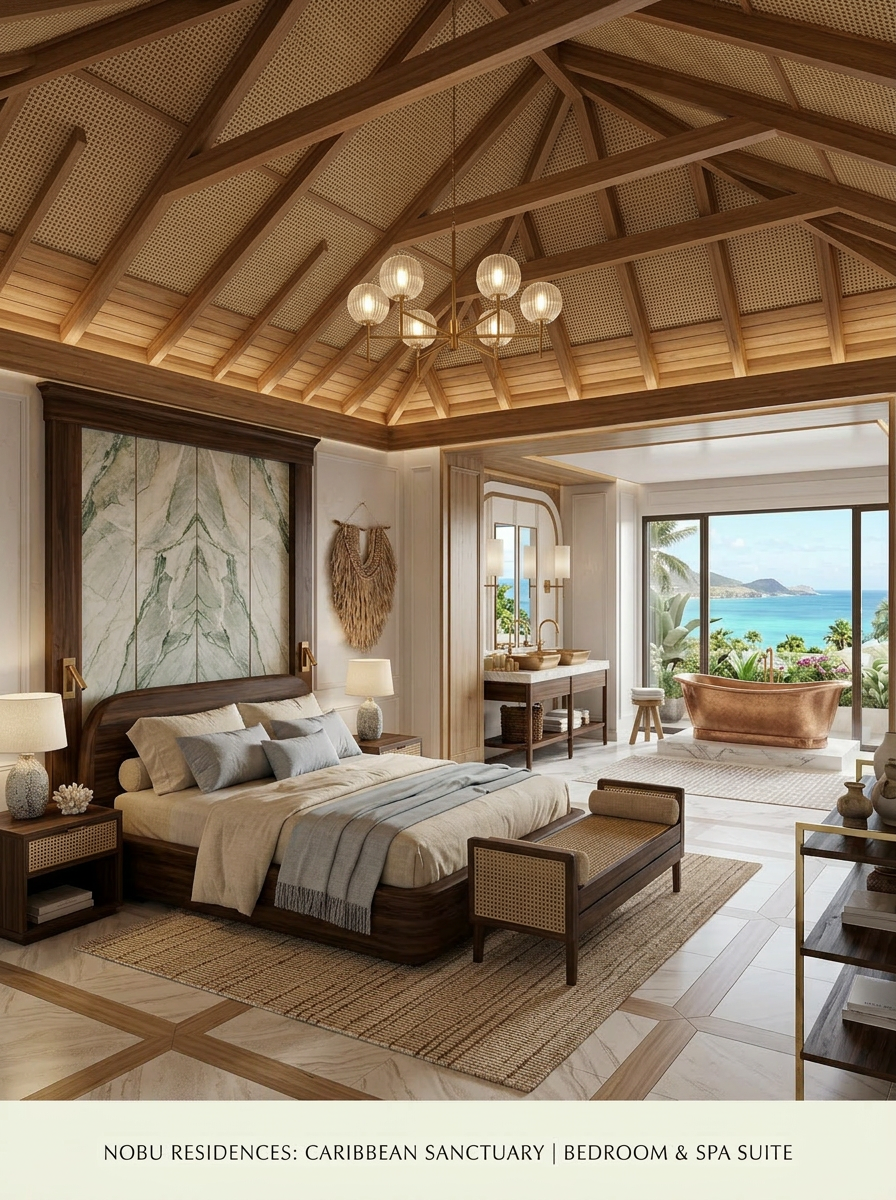 Tropical sanctuary bedroom spa suite with botanical accents