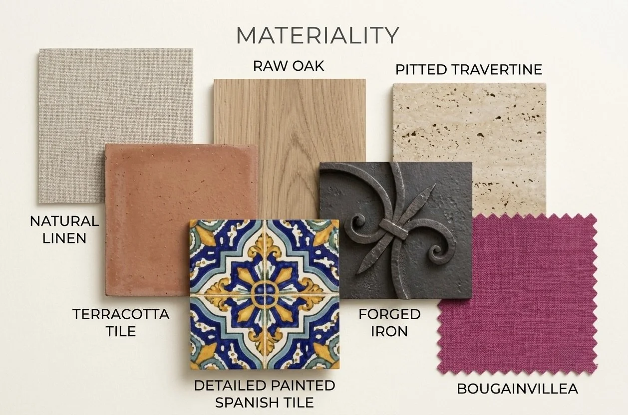 Materiality moodboard of raw oak, pitted travertine, forged iron, terracotta tile, detailed painted Spanish tile, and bougainvillea linen