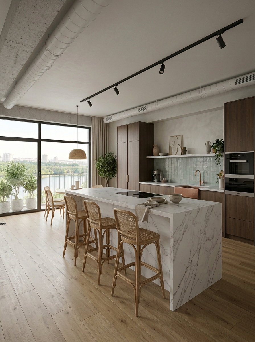 Kitchen and dining room with marble island and exposed concrete walls