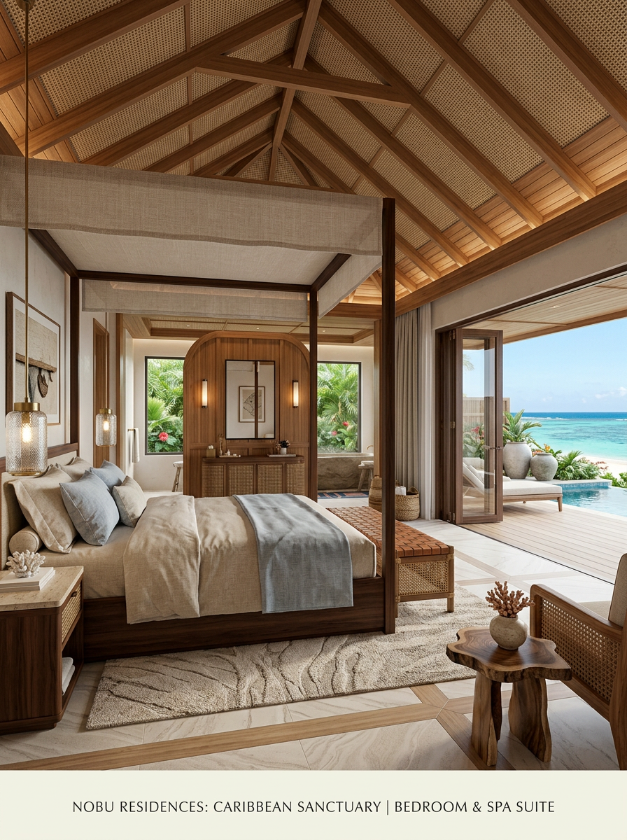 Luxury villa bedroom with low-profile four-poster oak bed
