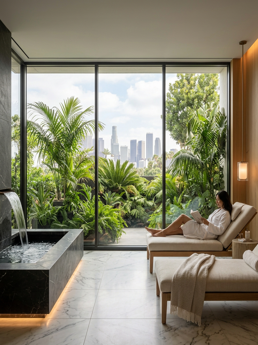 Luxury relaxation lounge with stone water feature and panoramic skyline views