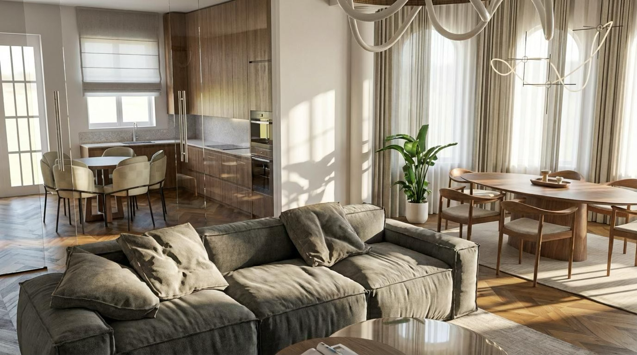Chișinău Residence — open-concept living room and kitchen