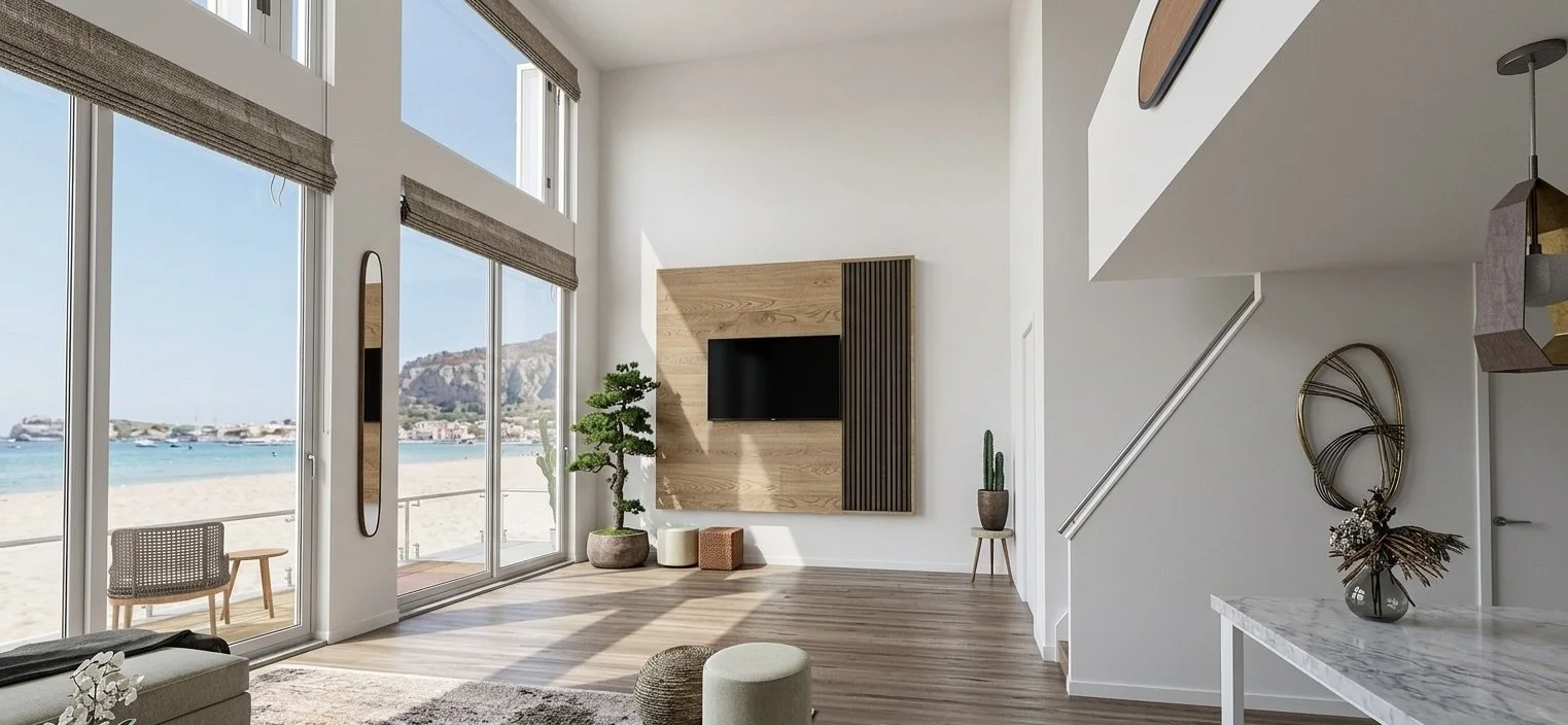 Double-height, light-filled living space with soaring oversized windows looking onto the beach and ocean