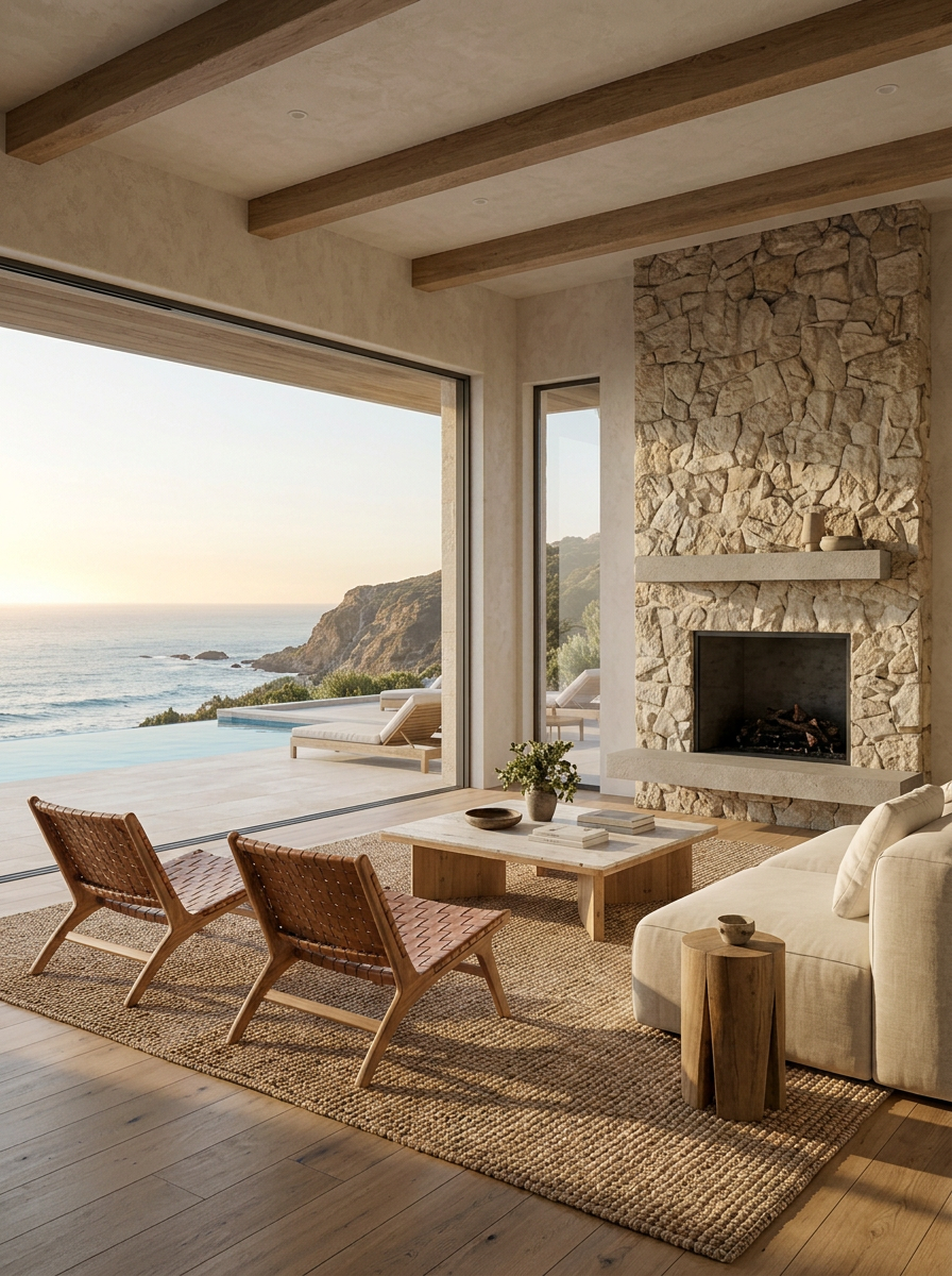 Malibu Coast — living room with fireplace at sunset
