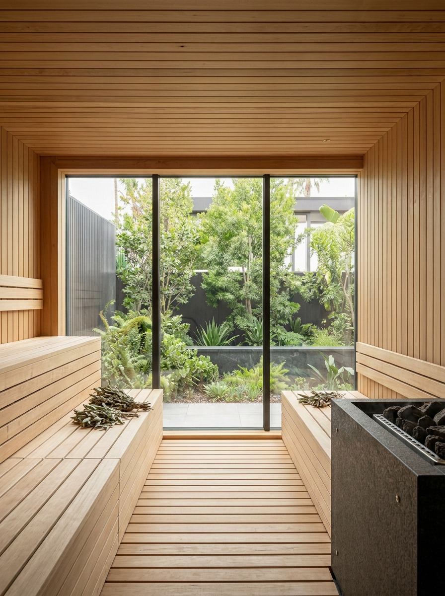 Minimalist, light-filled cedar sauna suite