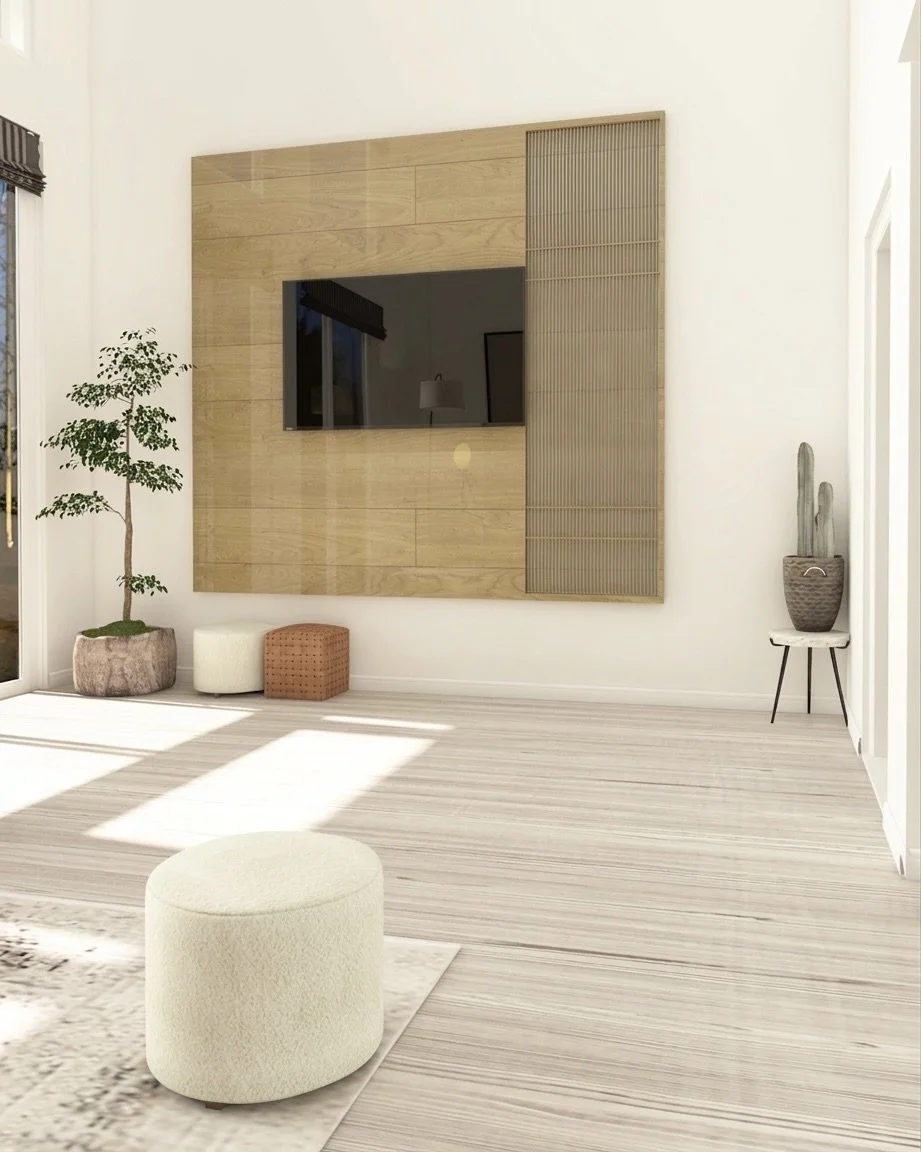 Custom wood-slat TV feature wall with boho poufs, potted cacti, and bonsai