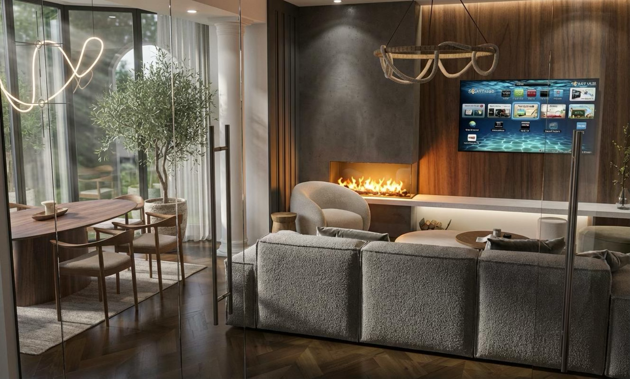 Lounge feature wall with recessed fireplace, deep wood paneling, and glass wine cellar display
