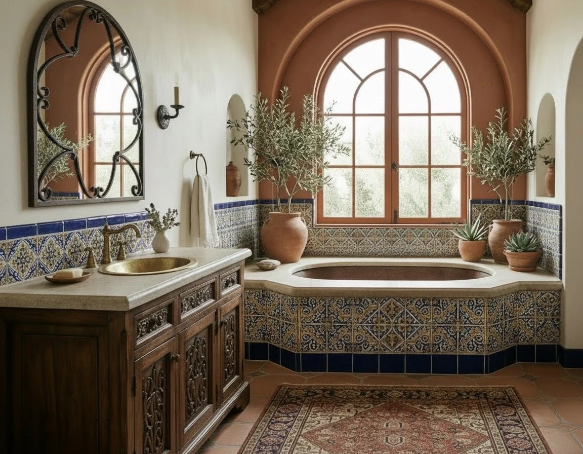 Primary bathroom with painted tiles, terracotta tones, and a copper soaking tub beneath an arched window