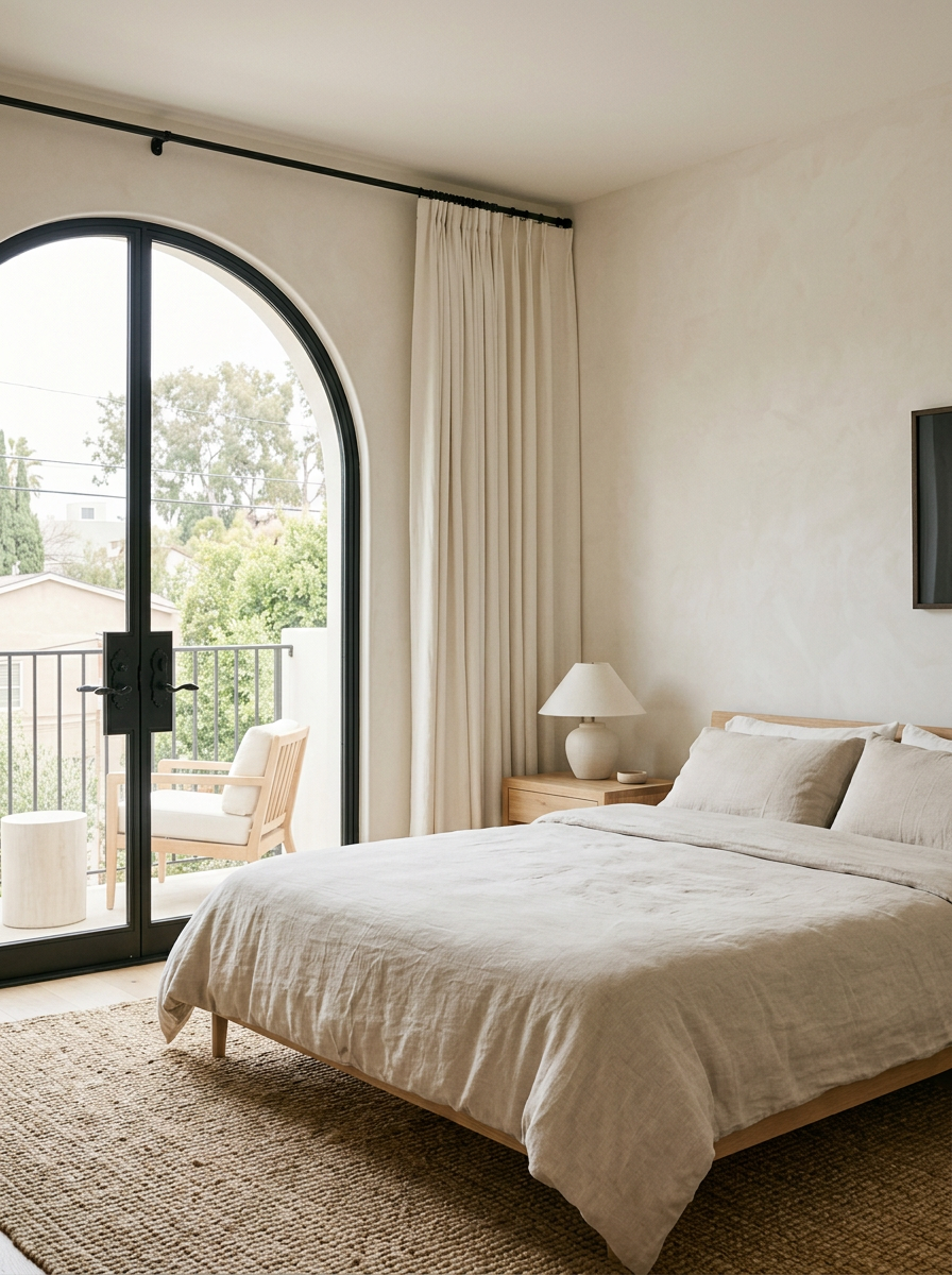 Bedroom with a serene neutral palette of natural linens and warm oak